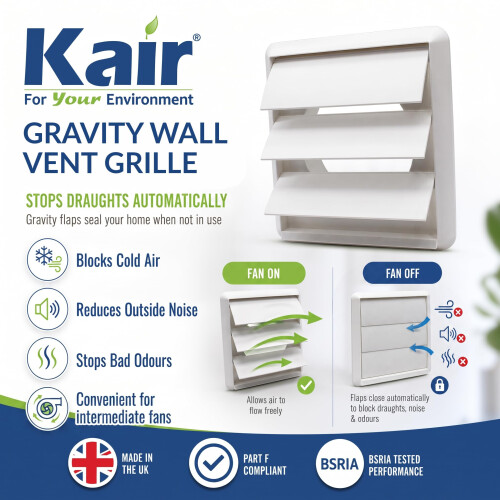 Kair White 100mm Gravity Wall Vent Grille with Backdraught Shutters 1