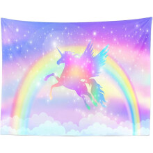 (90x60in) Rainbow Unicorn Tapestry Fantasy Winged Unicorn Silhouette Stars Wall Hanging for Baby Shower Themed Party Living Room Dorm Decor GU 26