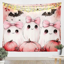 (60x40in) Happy Halloween Wall Tapestry Kawaii Ghost Tapestry Bat Gothic Tapestry for Bedroom Boys Girls Pumpkin Cute Tapestry Pink GU 1896