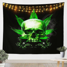 (90x60in) Veggkunst med røykhodeskalle for barn og tenåringer, sukkerhodeskalleteppe med ugressblad og dødsmøll, Halloween-soveromsdekor