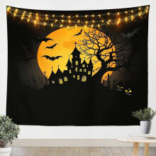 (60x40in) Happy Halloween Tapestry Bats Animal Dark Castle Gothic Decor, Yellow Black Tapestry for Bedroom GU 1884