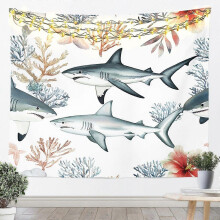 (80x60in) Hai-teppe, medium veggteppe med korallrev og hav for barn, tenåringer, gutter og jenter, undervannsverden, oase kunst tri