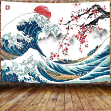 (90x60in) Veggteppe med japansk bølgemønster, kul havbølgedekor, asiatisk anime, rød sol, kirsebærblomst - GU 2130