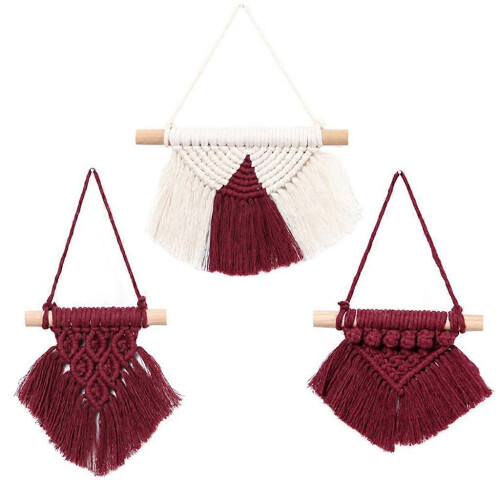 (Wine red) 3 Handmade Woven Tassel Mini Macrame Wall Hangings - Boho Wine Red Decor Set