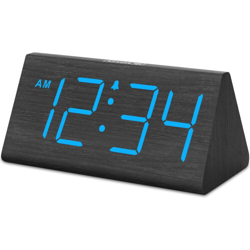 Wooden Digital Alarm Clock Blue Large Display USB Battery 1