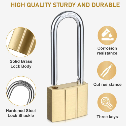 Heavy Duty Solid Brass Long Padlock Set 2 Locks with 6 Keys 40mm Width 2