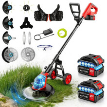 Lacoco Cordless Grass Trimmer Battery Strimmer with Wheels 12" Cut Width 2x3.0Ah Battery Grass Cutter 4-in-1 Blades Weed Trimmer Brush Cutter