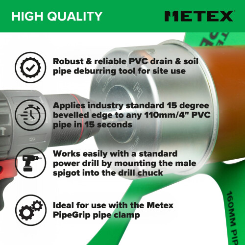 Metex Chamf 110mm PVC Plastic Soil Drainage Pipe Chamfer Tool - Power Drill Mounted 2