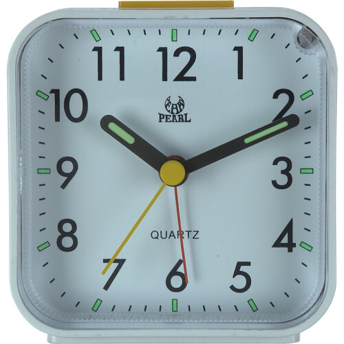 (White) Square small alarm clock fashionable bedside clock silent movement luminous pointer with night light with alarm clock function
