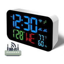 (White shell Blue) WiFi desktop clock humidity calendar smart thermometer and digital LED display support WiFi automatic calibration alarm clock