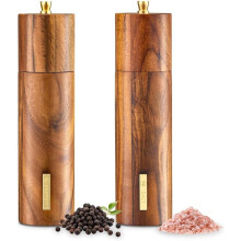 2 Pc Wooden Salt and Pepper Grinder Set with Gold Label, Salt and Pepper Shakers,with Adjustable Coarseness Ceramic Core
