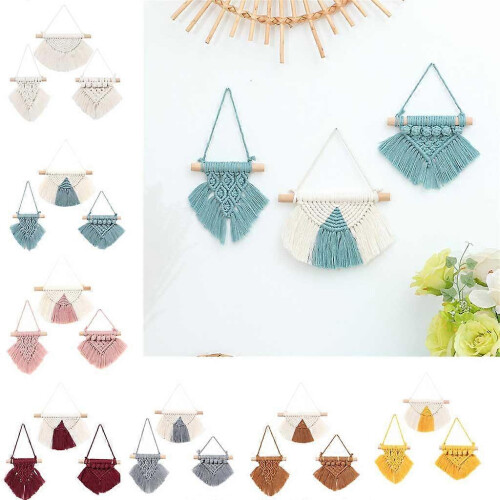 (Wine red) 3 Handmade Woven Tassel Mini Macrame Wall Hangings - Boho Wine Red Decor Set 1