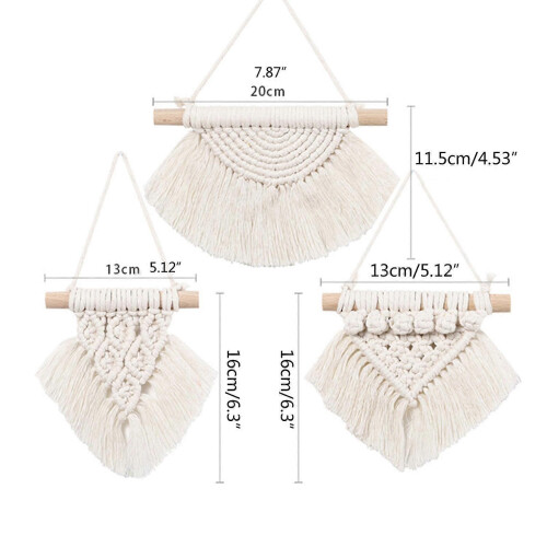 (Yellow) 3 Handmade Woven Tassel Mini Macrame Wall Hangings - Boho Wine Red Decor Set 2