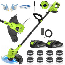 VOERJIA Cordless Grass Trimmer 21V, 30cm Cutting Diameter Garden Strimmer with 2 Batteries & Charger, Auto Line Feed, 8 Spools Included, 2-in-1 Lawn