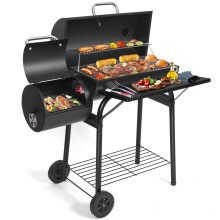 Charcoal BBQ Grill With Offset Smoker: Large Oil Drum Barbecue Barrel Grill For