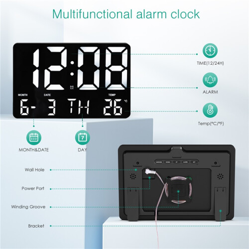 (White) Large Digital Wall Clock USB Powered Time Calendar Time Day Month Temp Display Electronic LED Alarm Clock 2