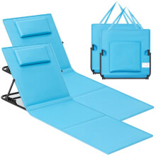 SONGMICS Set of 2 Folding Beach Sunloungers, Deck Beach Chairs Mats, Reclining Backrest, Lightweight Portable with Handle, for Camping Garden Pool, 1