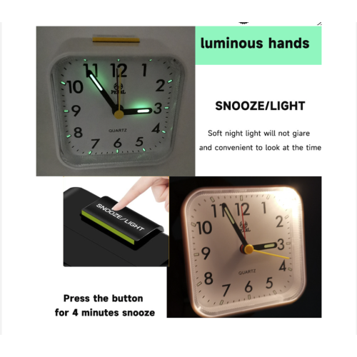 (Black) Square small alarm clock fashionable bedside clock silent movement luminous pointer with night light with alarm clock function 2