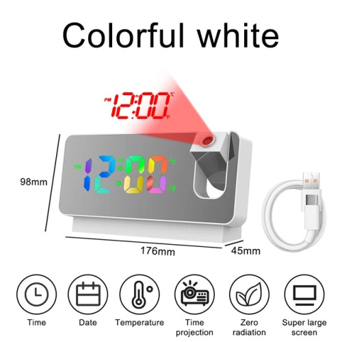 (Colored White) Rotating LED digital projection alarm clock USB electronic ceiling projector alarm clock bedside table clock