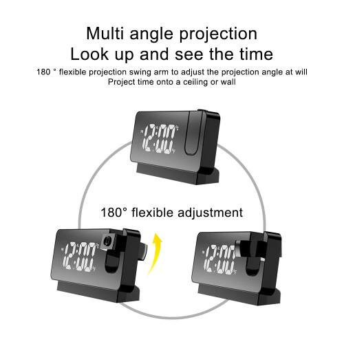 (Black) Rotating LED digital projection alarm clock USB electronic ceiling projector alarm clock bedside table clock 1