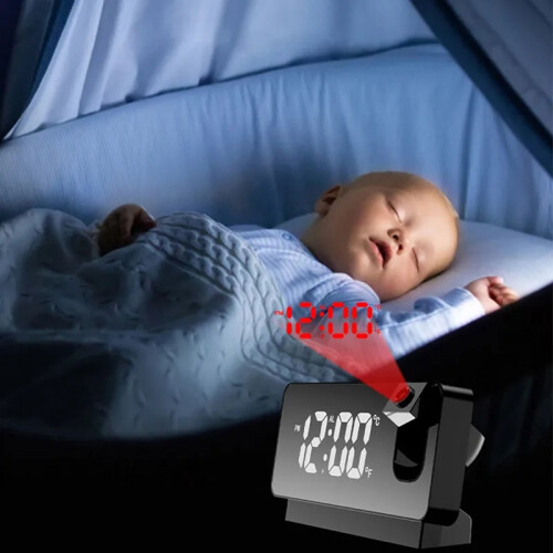 (Black) Rotating LED digital projection alarm clock USB electronic ceiling projector alarm clock bedside table clock 2