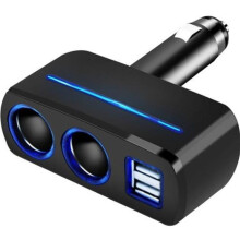 Splitter di alimentazione per auto da 12 V con 2 prese accendisigari, 2 porte USB e indicatore LED integrato.