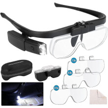 Vergrootbril met hoofdband, verlichting, 33 lenzen en opklapbaar ontwerp voor handsfree werken.