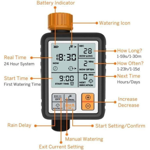 Bewateringstimer met groot LCD-display, flexibele programmering, handmatige modus, tuinbewateringscontroller 1