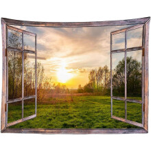 (80x60in) Stoff Trevev med åpent vindu, solnedgang, sommer, landlig gresslandskap, veggteppe, natur, landsby, veggdekor, soverom, estetisk stue