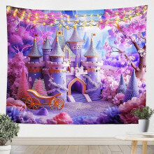 (80x60in) Lilla drømmeslott-teppe for jenter, prinsesseslott-teppe med rosa kirsebærblomst-veggdeppe, romantisk prinsesse-veggkunst-teppe GU 1519