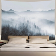 (90x60in) Tåkete Fort-teppe Fort Trewith fjellteppe svart-hvitt fantastisk tåke magisk teppe 3D-visjon naturlandskap veggteppe for soverom stue