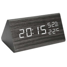 Despertador Digital de Madeira com LED, Sensor de Umidade e Temperatura, 3 Alarmes, Brilho Ajustável