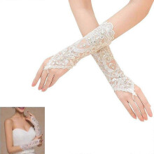 Fingerless Lace Bridal Gloves with Rhinestones, Adjustable Ivory Wedding Sleeves for Women, 27.5 cm
