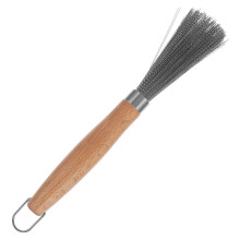 Spazzola per la pulizia di pentole in acciaio inossidabile con manico in legno, ideale per pentole e per il campeggio.