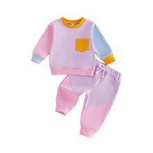 (0-6 Months, Purple) Toddler Girl Boy Fall Outfit Long Sleeve Crew Neck Contrast Color Patchwork Sweatshirt and Elastic Waist Pants Set
