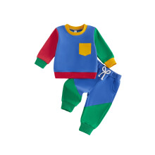 (6-12 Months, Blue) Toddler Girl Boy Fall Outfit Long Sleeve Crew Neck Contrast Color Patchwork Sweatshirt and Elastic Waist Pants Set