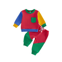 (12-18 Months, Red) Toddler Girl Boy Fall Outfit Long Sleeve Crew Neck Contrast Color Patchwork Sweatshirt and Elastic Waist Pants Set