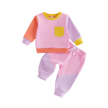 (6-12 Months, Pink) Toddler Girl Boy Fall Outfit Long Sleeve Crew Neck Contrast Color Patchwork Sweatshirt and Elastic Waist Pants Set