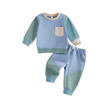 (2-3 Years, Sky Blue) Baby Boy Fall Outfit Contrast Colors Long Sleeves Sweatshirt and Elastic Jogger Pants 2 Piece Clothes