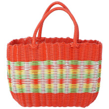 Cestino portaoggetti in plastica intrecciata con manico, arancione, 30x21x13 cm, ideale per la spesa, il mercato, i picnic e la spiaggia.
