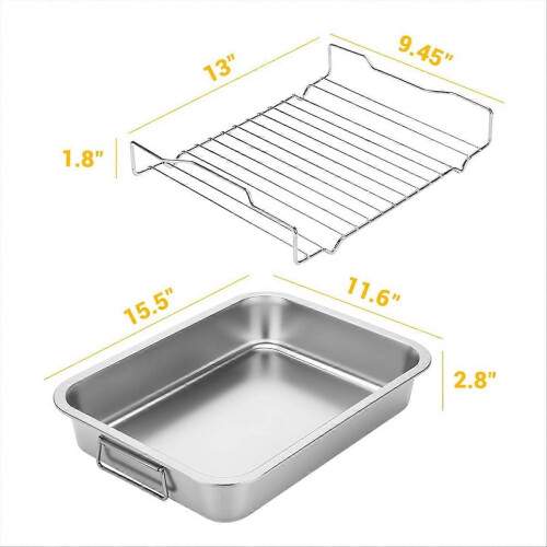 Assadeira de Aço Inoxidável com Grade e Alças 15.5 x 11.6 Polegadas para Peru Presunto Lasanha 2