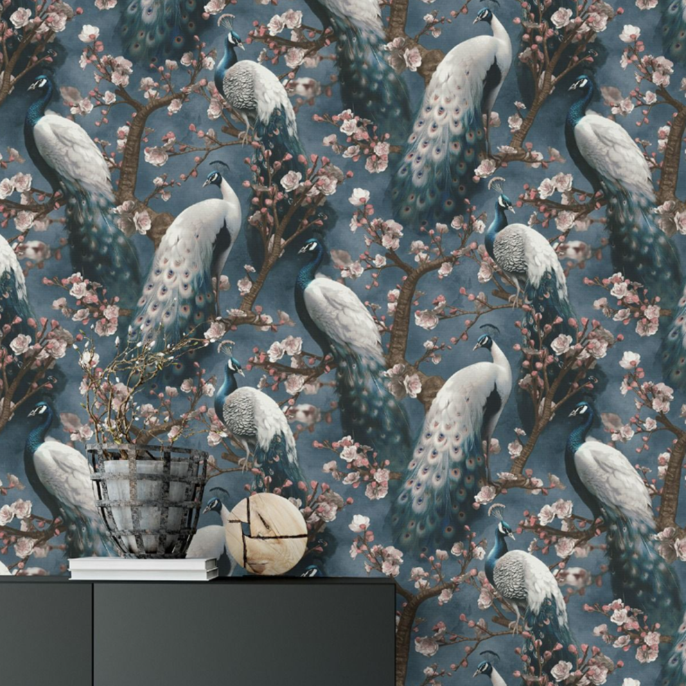 Navy Peacock Wallpaper Textured Vinyl Feature 5061103679055
