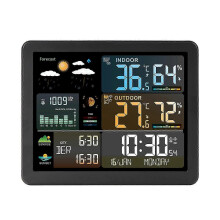 Slim binnen- en buitenweerstation met klok, groot 4,3-inch kleurendisplay, draadloze sensoren, voor kassen, wijnkelders en klimaatbewaking thuis.