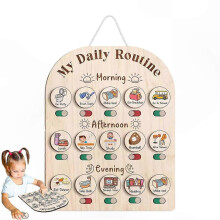 Planejador Visual Diário Infantil de Madeira para Rotina e Organização com Cartões e Bolsa