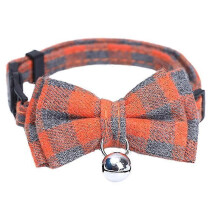 Adjustable Lattice Pattern Pet Collar with Bell 2-layer Bow Tie, Orange Grey, Polyester, for Cats and Small Dogs, 8.2-11.8 Inch Length