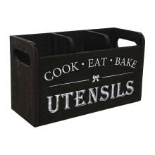 Porta Utensílios de Madeira Maciça com 3 Compartimentos, Alça Integrada, para Organização de Cozinha Uso Interno Externo