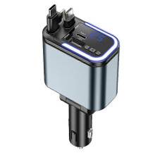 Autolader met Bluetooth MP3-speler, snellader, intrekbare kabel, 12-24V dubbele poort, 180 graden buigbaar, voor auto's en vrachtwagens.