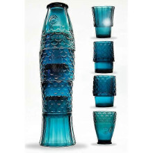 Juego de 4 vasos artesanales con diseño de peces koi, de vidrio azul apilables, 250 ml cada uno.