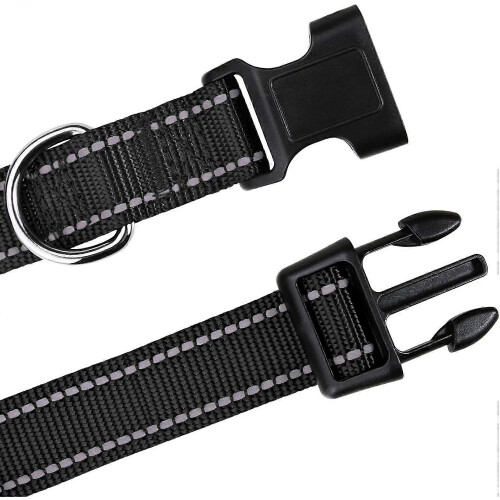 Adjustable Reflective Nylon Dog Collar for Medium Dogs, Black, 20mm Width