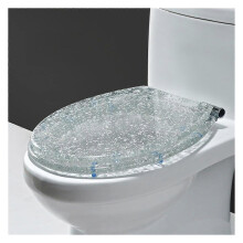 Ronde toiletbril van transparant hars, softclose deksel, glad en gemakkelijk schoon te maken oppervlak, helder transparant ontwerp voor de badkamer.